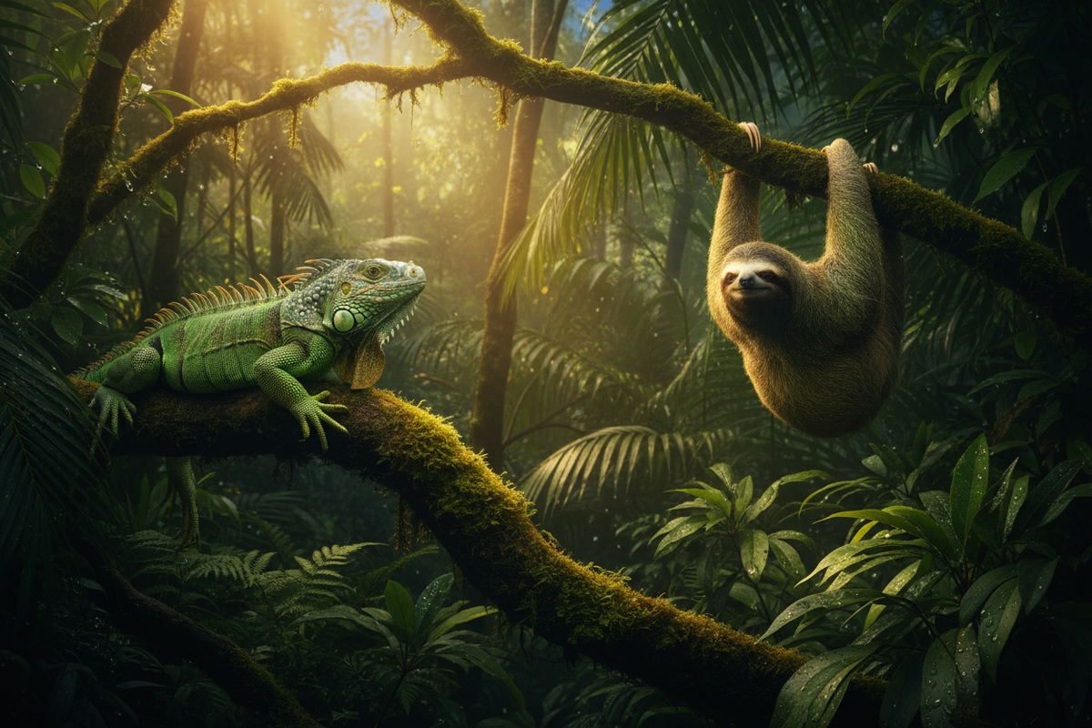 Groene leguaan & luiaard: twee levens in dezelfde boomkroon